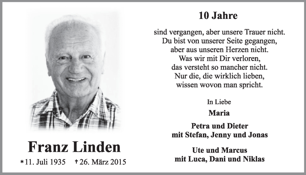  Traueranzeige für Franz Linden vom 26.03.2025 aus WochenSpiegel