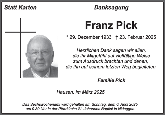 Traueranzeige von Franz Pick von WochenSpiegel