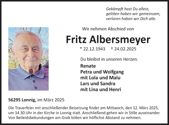 Traueranzeige von Fritz Albersmeyer von WochenSpiegel