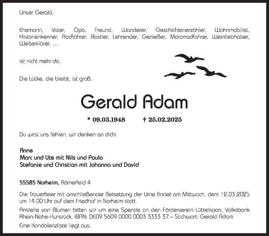 Traueranzeige von Gerald Adam von WochenSpiegel