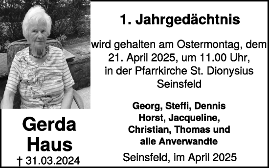 Traueranzeige von Gerda Haus von WochenSpiegel