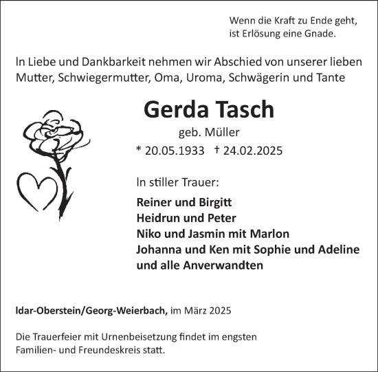 Traueranzeige von Gerda Tasch von WochenSpiegel