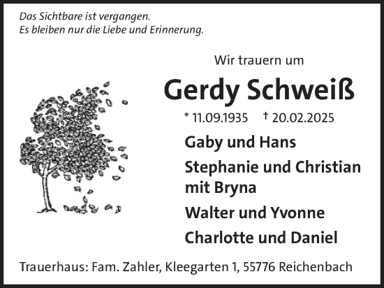 Traueranzeige von Gerdy Schweiß von WochenSpiegel