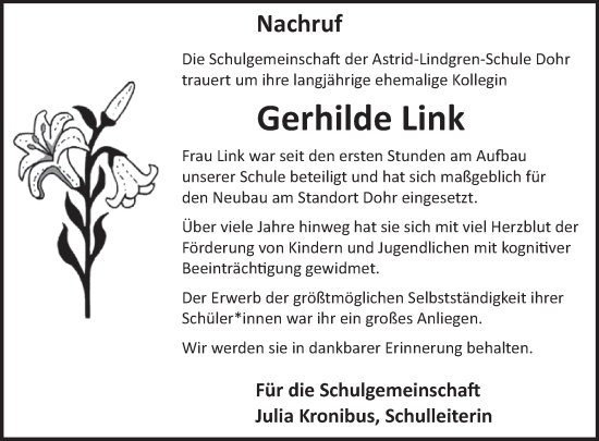 Traueranzeige von Gerhilde Link von WochenSpiegel