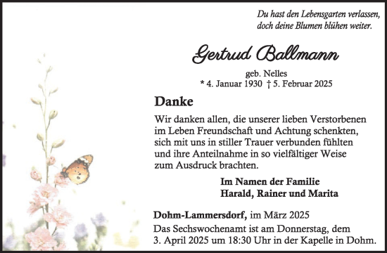 Traueranzeige von Gertrud Ballmann von WochenSpiegel