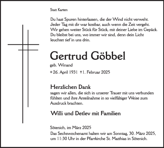 Traueranzeige von Gertrud Göbbel von WochenSpiegel