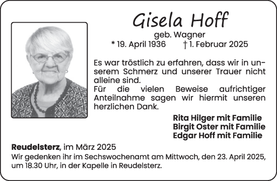 Traueranzeige von Gisela Hoff von WochenSpiegel