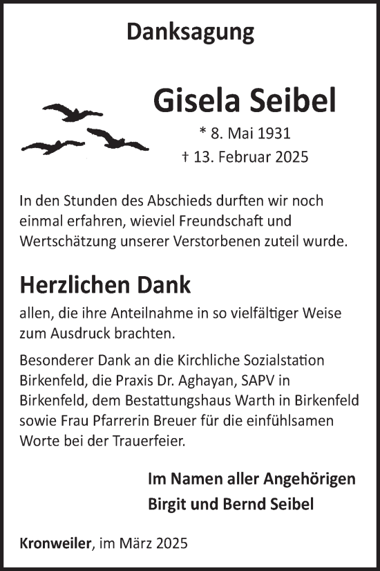 Traueranzeige von Gisela Seibel von WochenSpiegel
