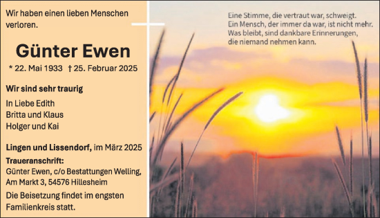 Traueranzeige von Günter Ewen von WochenSpiegel