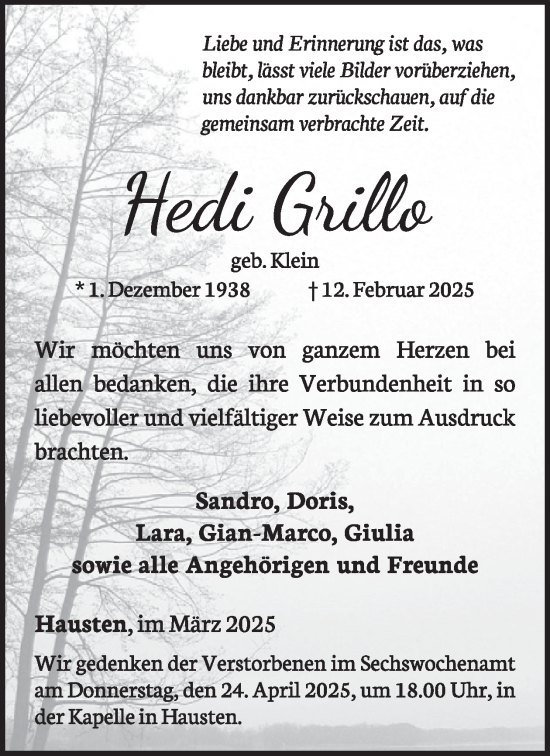 Traueranzeige von Hedi Grillo von WochenSpiegel