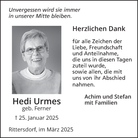 Traueranzeige von Hedi Urmes von WochenSpiegel