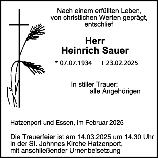 Traueranzeige von Heinrich Sauer von WochenSpiegel