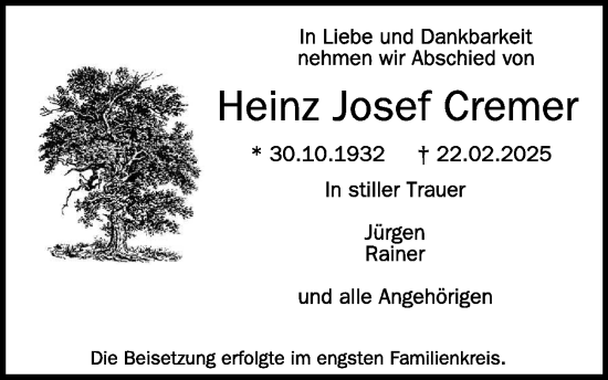Traueranzeige von Heinz Josef Cremer von WochenSpiegel