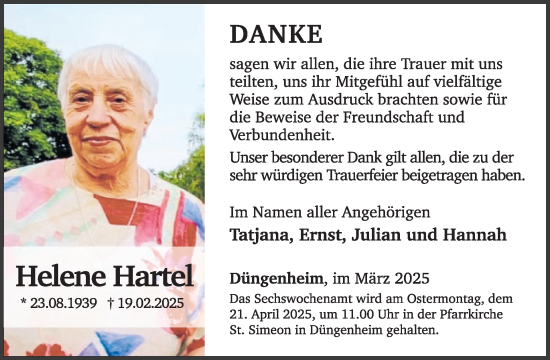 Traueranzeige von Helene Hartel von WochenSpiegel