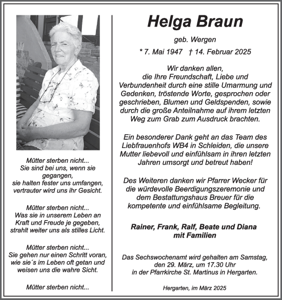 Traueranzeige von Helga Braun von WochenSpiegel