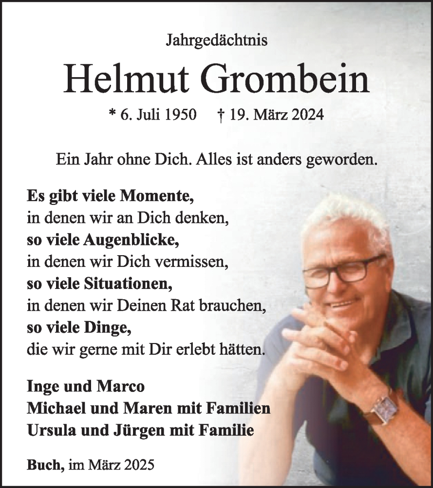  Traueranzeige für Helmut Grombein vom 22.03.2025 aus WochenSpiegel