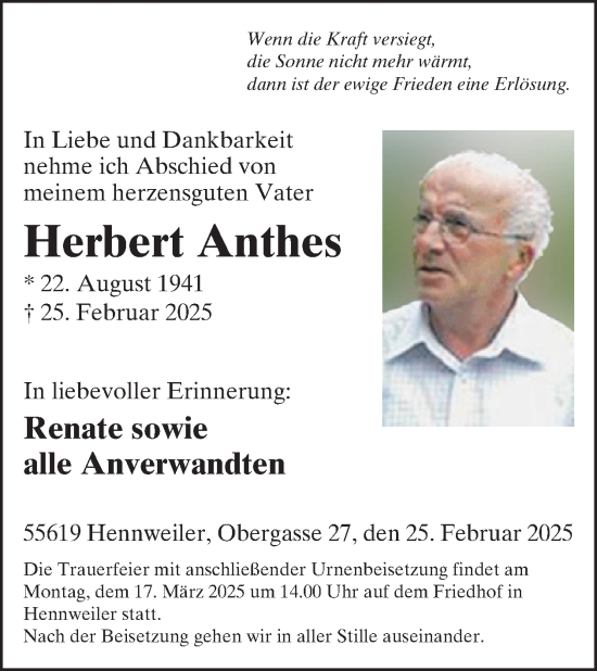 Traueranzeige von Herbert Anthes von WochenSpiegel