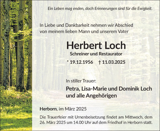 Traueranzeige von Herbert Loch von WochenSpiegel