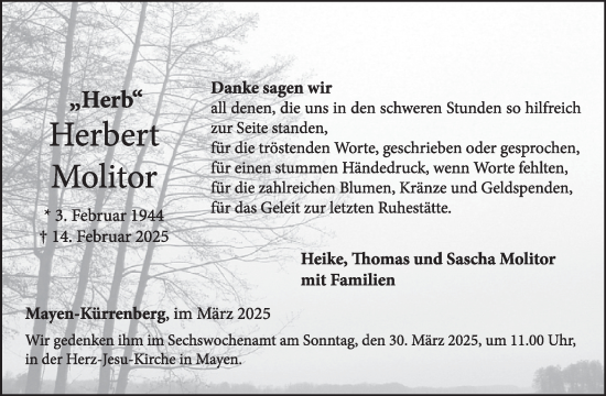Traueranzeige von Herbert Molitor von WochenSpiegel