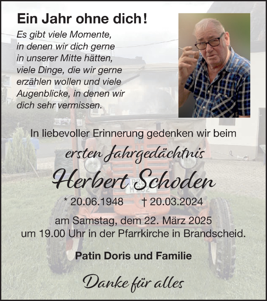  Traueranzeige für Herbert Schoden vom 21.03.2025 aus WochenSpiegel