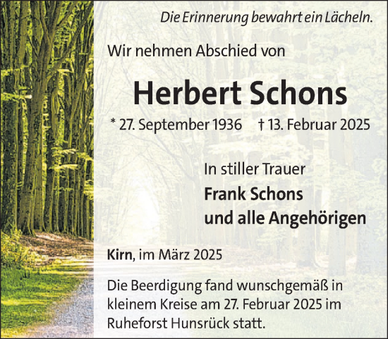 Traueranzeige von Herbert Schons von WochenSpiegel