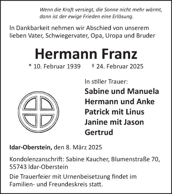 Traueranzeige von Hermann Franz von WochenSpiegel