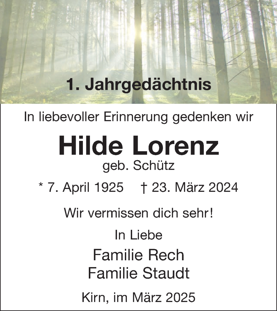  Traueranzeige für Hilde Lorenz vom 29.03.2025 aus WochenSpiegel