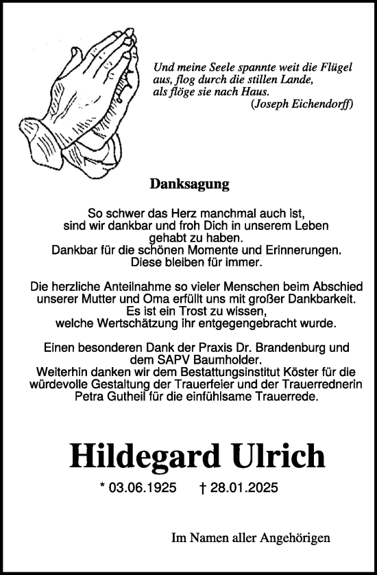 Traueranzeige von Hildegard Ulrich von WochenSpiegel