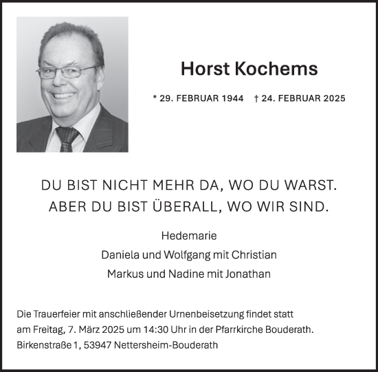 Traueranzeige von Horst Kochems von WochenSpiegel