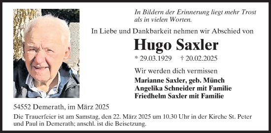 Traueranzeige von Hugo Saxler von WochenSpiegel