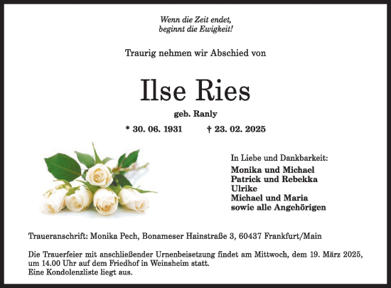 Traueranzeige von Ilse Ries von WochenSpiegel