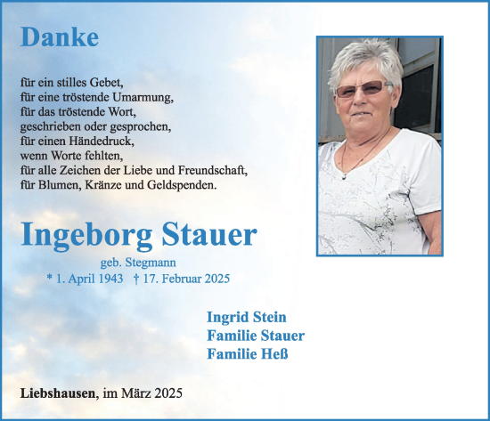Traueranzeige von Ingeborg Stauer von WochenSpiegel