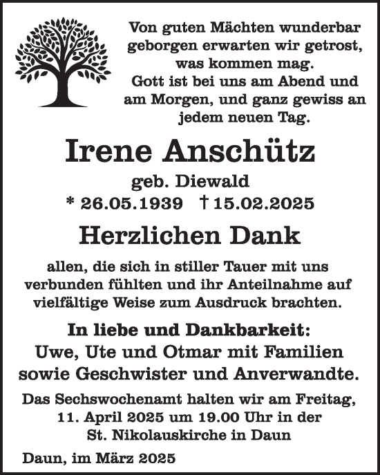 Traueranzeige von Irene Anschütz von WochenSpiegel