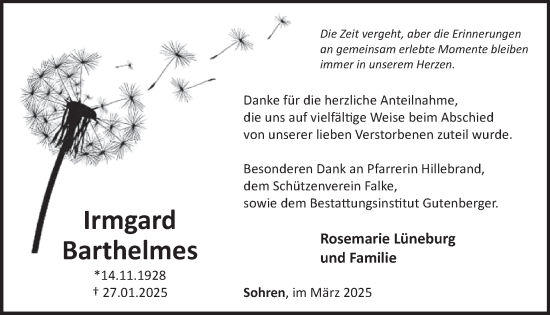 Traueranzeige von Irmgard Barthelmes von WochenSpiegel