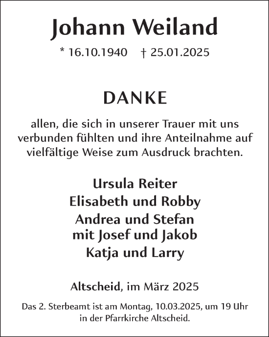 Traueranzeige von Johann Weiland von WochenSpiegel