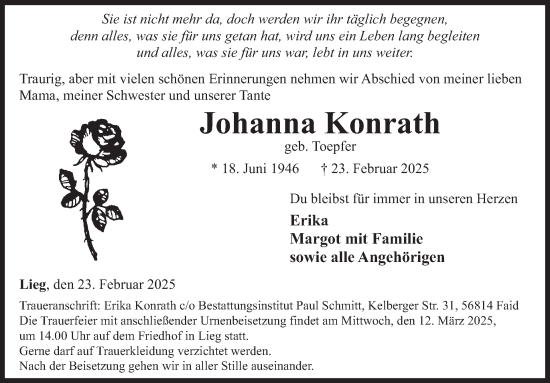 Traueranzeige von Johanna Konrath von WochenSpiegel