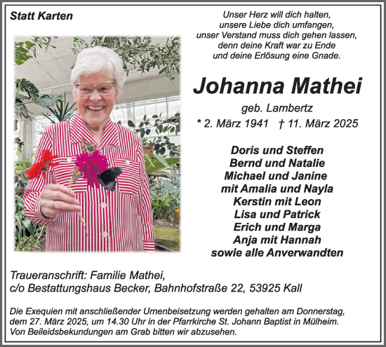 Traueranzeige von Johanna Mathei von WochenSpiegel