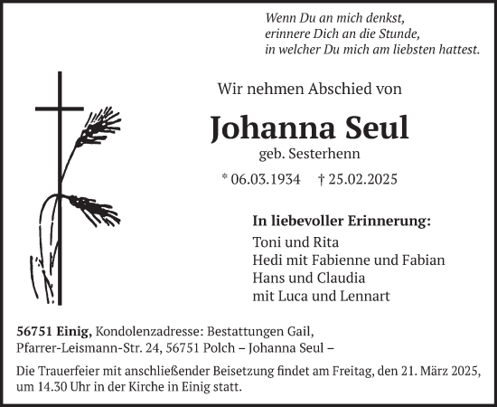 Traueranzeige von Johanna Seul von WochenSpiegel