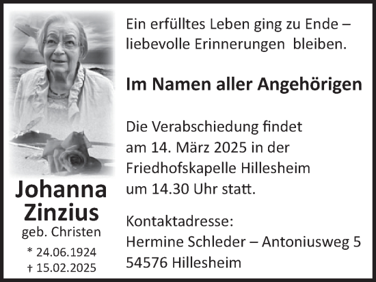 Traueranzeige von Johanna Zinzius von WochenSpiegel