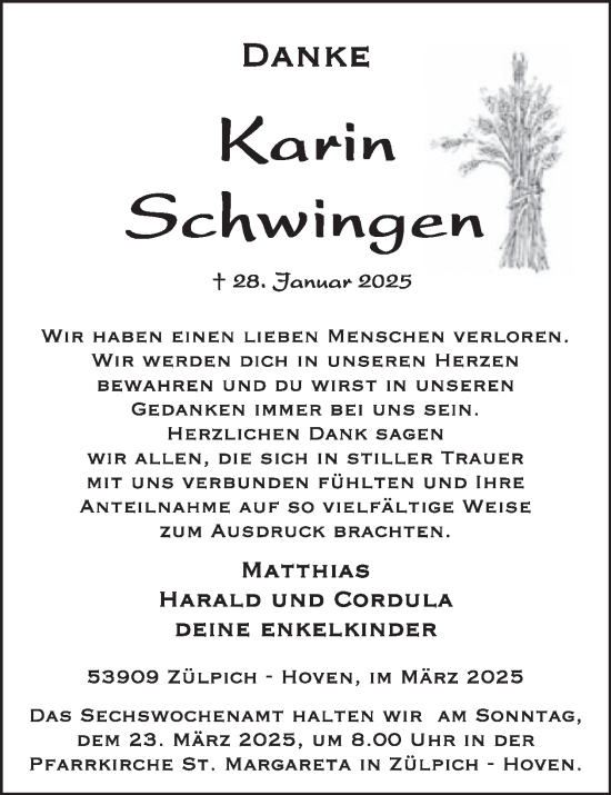 Traueranzeige von Karin Schwingen von WochenSpiegel