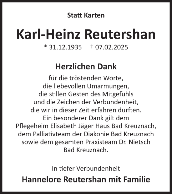 Traueranzeige von Karl-Heinz Reutershan von WochenSpiegel