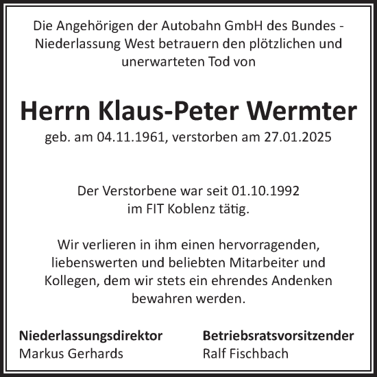 Traueranzeige von Klaus-Peter Wermter von WochenSpiegel
