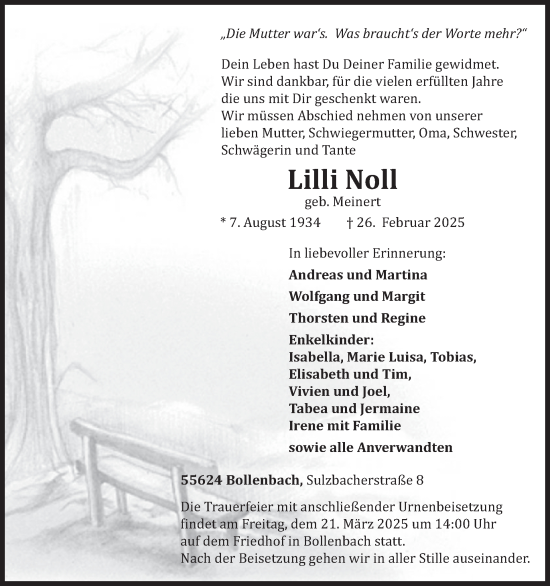 Traueranzeige von Lilli Noll von WochenSpiegel