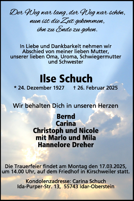 Traueranzeige von Lise Schuch von WochenSpiegel