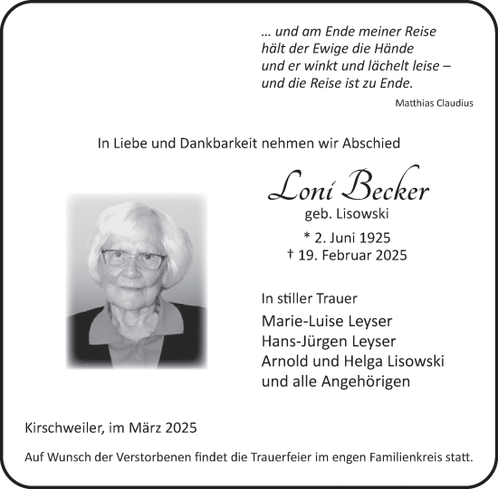 Traueranzeige von Loni Becker von WochenSpiegel