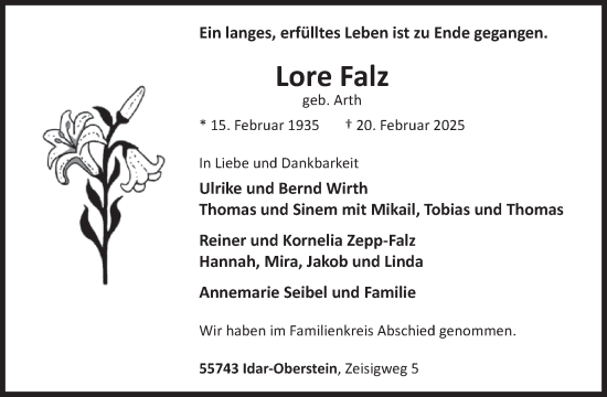 Traueranzeige von Lore Falz von WochenSpiegel
