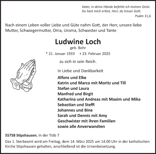 Traueranzeige von Ludwine Loch von WochenSpiegel