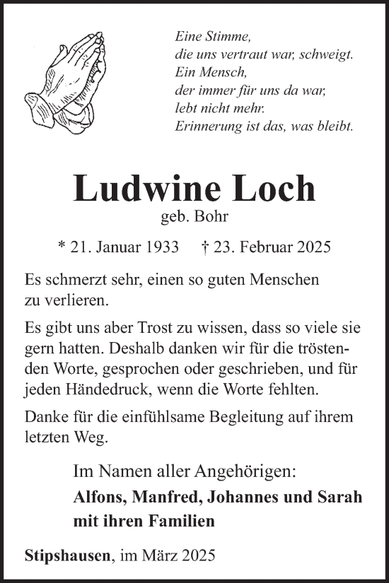 Traueranzeige von Ludwine Loch von WochenSpiegel