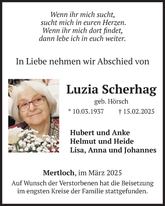 Traueranzeige von Luzia Scherhag von WochenSpiegel