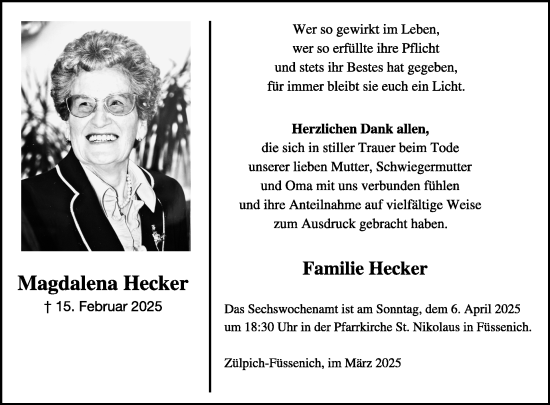 Traueranzeige von Magdalena Hecker von WochenSpiegel